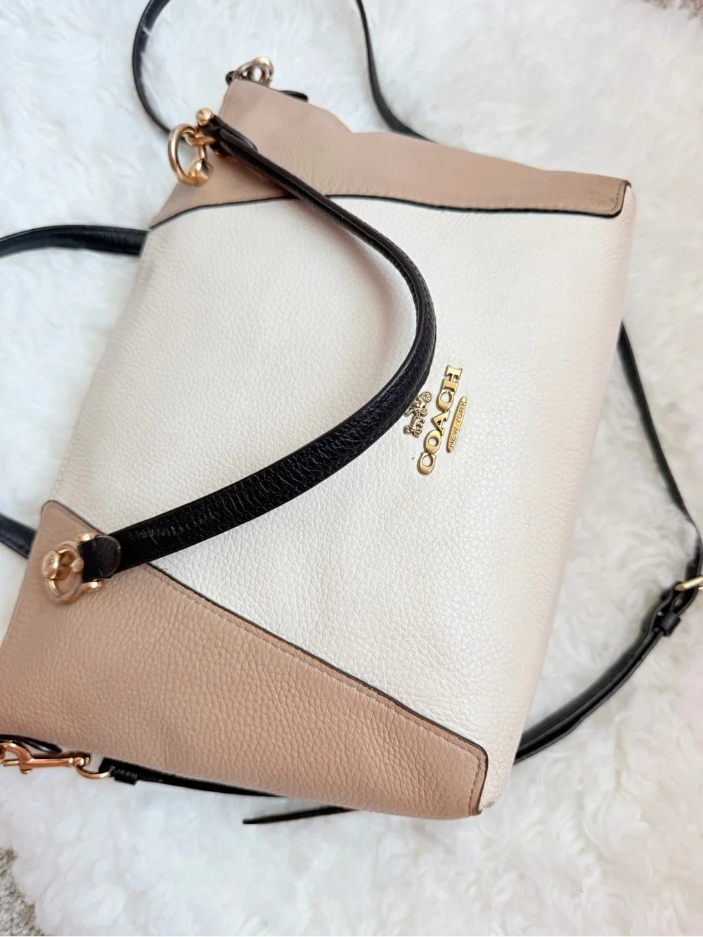 Women's Colorblock Leather Tote Bag - Cream, Tan & Black